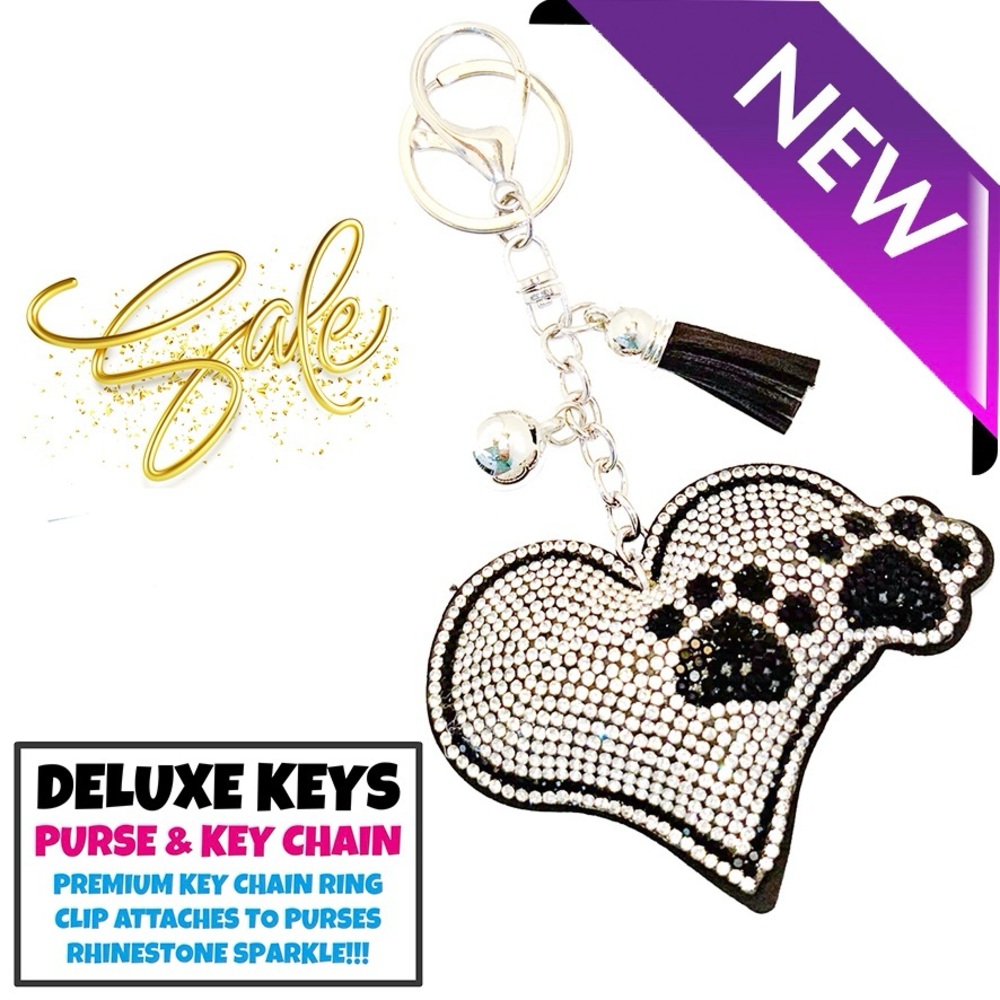 DeLuxe Keys Rhinestone Keychain/Purse Chain HEART WITH PAWS